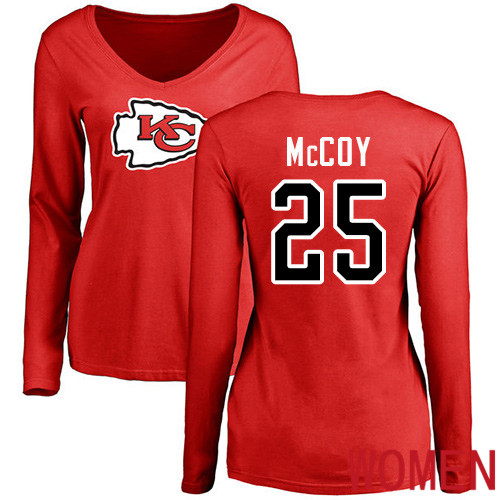 Women Football Kansas City Chiefs #25 McCoy LeSean Red Name and Number Logo Slim Fit Long Sleeve T-Shirt->nfl t-shirts->Sports Accessory